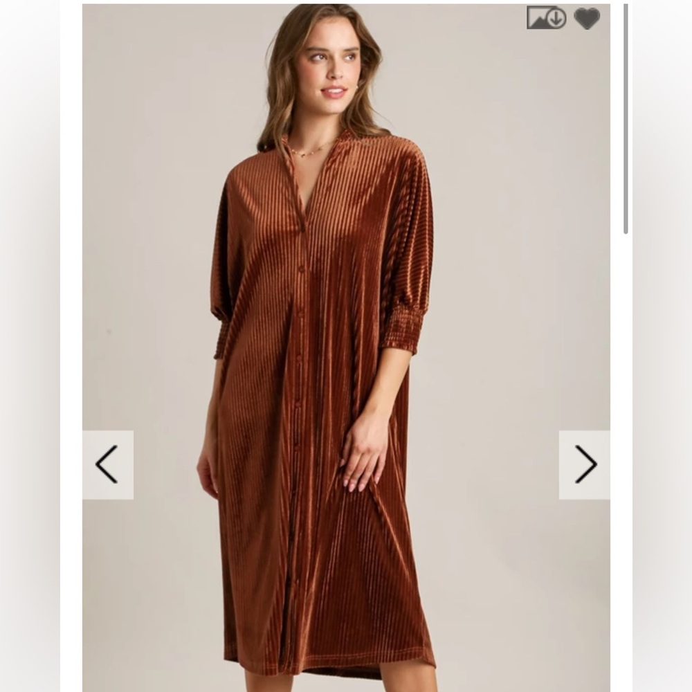 Umgee striped velvet maxi button down shirt dress bronze
